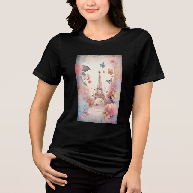 Camiseta Eiffel Tower Butterflies and Flowers (Frente)