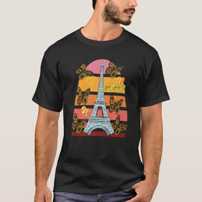 Camiseta Eiffel Tower Retro Butterfly Paris Hearts France L (Frente)