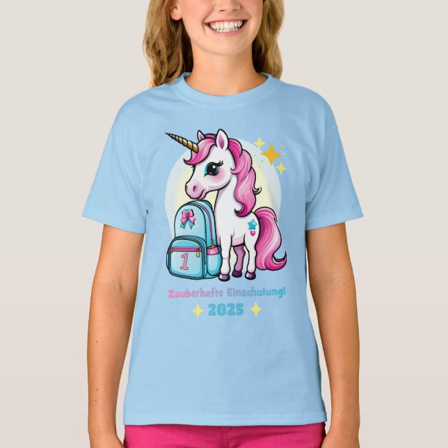 Camiseta Einhorn mit Schultasche - Zauberhafte Einschulung (Frente)