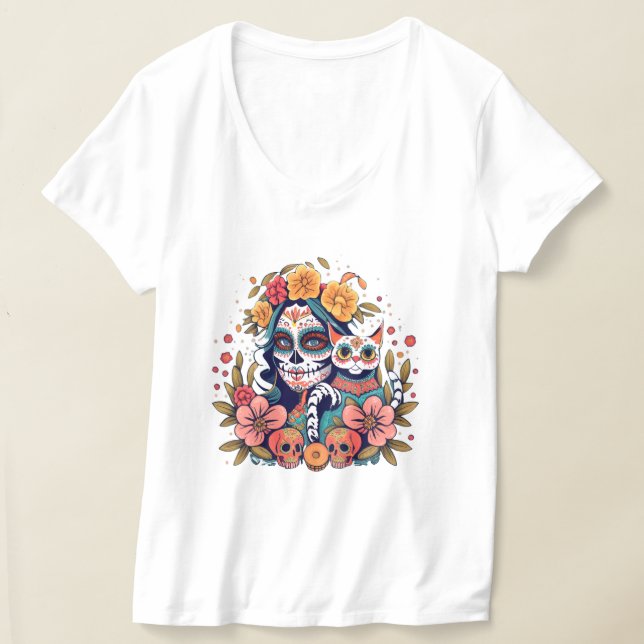 Camiseta El Gato Catrina: Um Feline Dia de los Muertos Fusi (Postura )