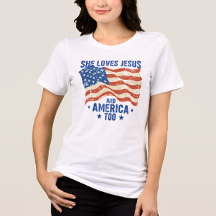 Camiseta Ela Ama Jesus e Também o Estadunidense EUA 4 de Ju
