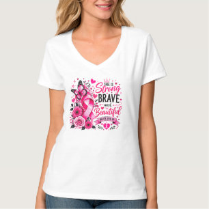 Camiseta Ela É Forte Corajosa Linda Câncer de Mama Rosa 