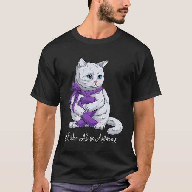 Camiseta Elder Abuse Awareness Month Purple Ribbon Cat (Frente)