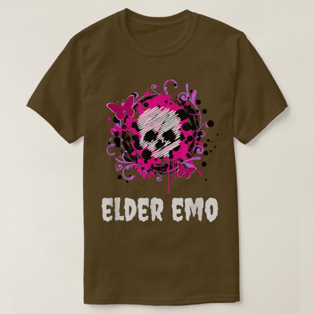 Camiseta Elder Emo Funny Gótico e esqueleto rosa e roxo  (Frente do Design)