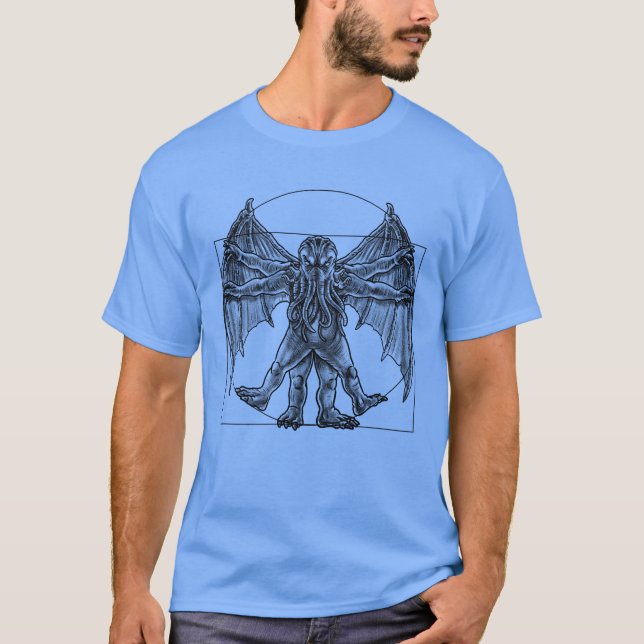 Camiseta Eldritch Harmony: Cthulhu Awakens em Vitruviano (Frente)