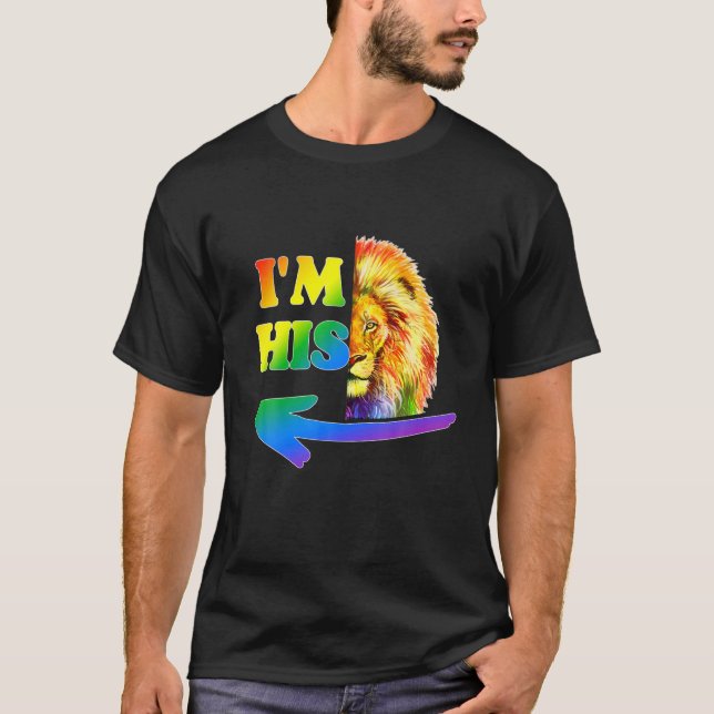 Camiseta Ele é meu. Sou seu Casal Gay Rainbow Lion LGBT Val (Frente)