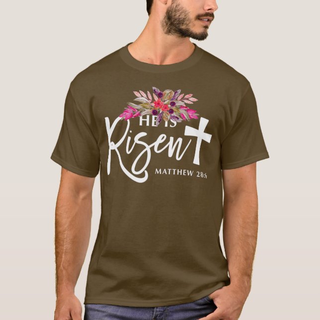 Camiseta Ele é Risen Christian Jesus Flores Dia da Páscoa (Frente)