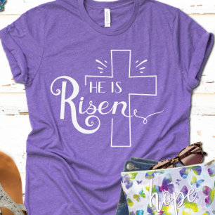 Camiseta Ele é Risen Christian Páscoa Black White Script