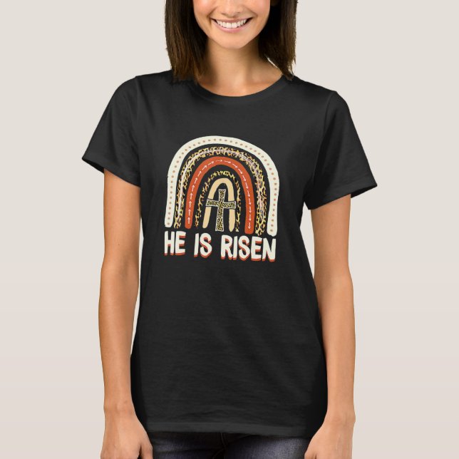 Camiseta Ele É Risen Leopard Rainbow Christian Jesus Cute E (Frente)