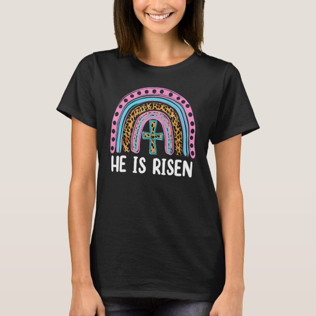 Camiseta Ele É Risen Leopard Rainbow Christian Jesus Feliz (Frente)