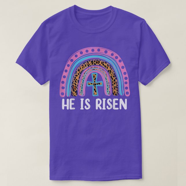 Camiseta Ele É Risen Leopard Rainbow Christian Jesus Feliz  (Frente do Design)