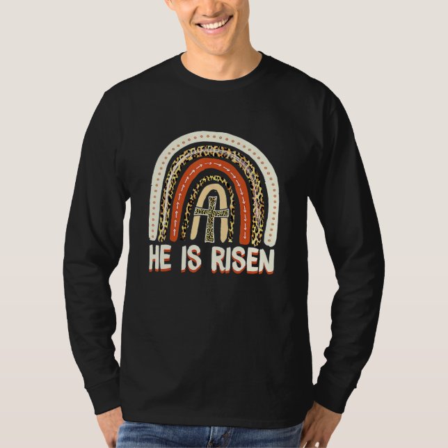 Camiseta Ele É Risen Leopard Rainbow Christian Jesus Feliz (Frente)