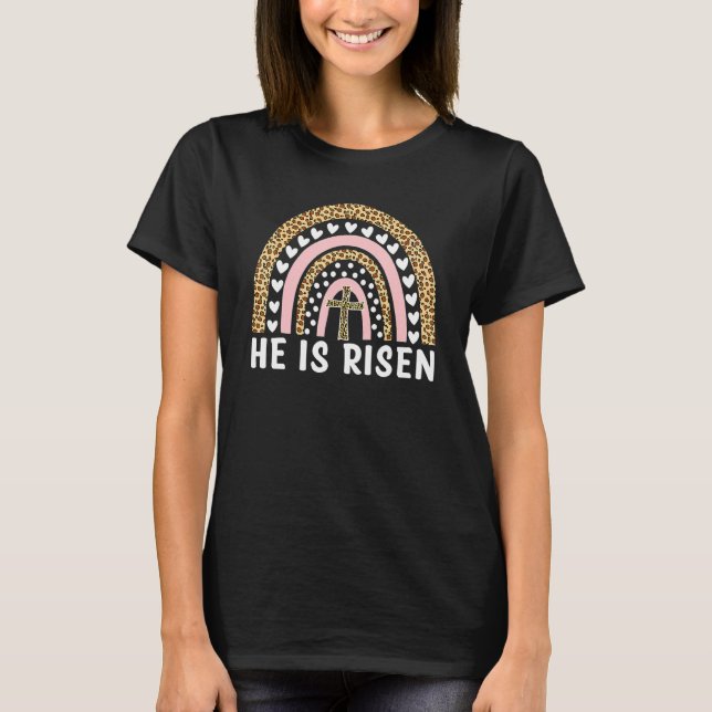 Camiseta Ele É Risen Leopard Rainbow Christian Jesus Feliz (Frente)