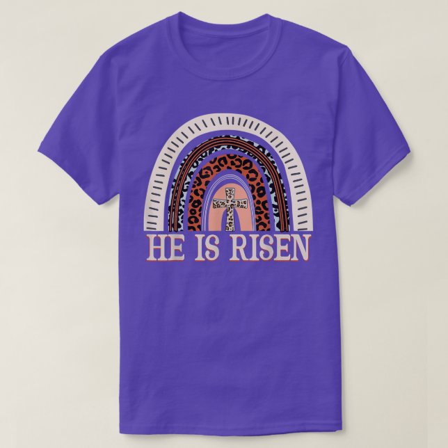 Camiseta Ele É Risen Leopard Rainbow Christian Jesus Feliz (Frente do Design)