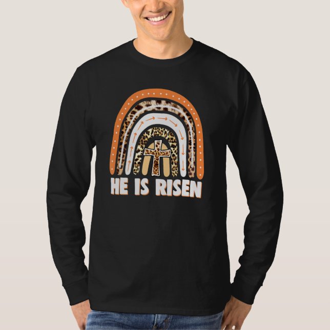 Camiseta Ele É Risen Leopard Rainbow Christian Jesus Feliz (Frente)