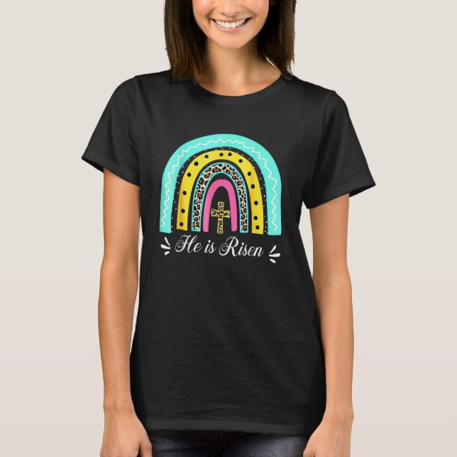 Camiseta Ele É Risen Leopard Rainbow Christian Jesus Feliz (Frente)