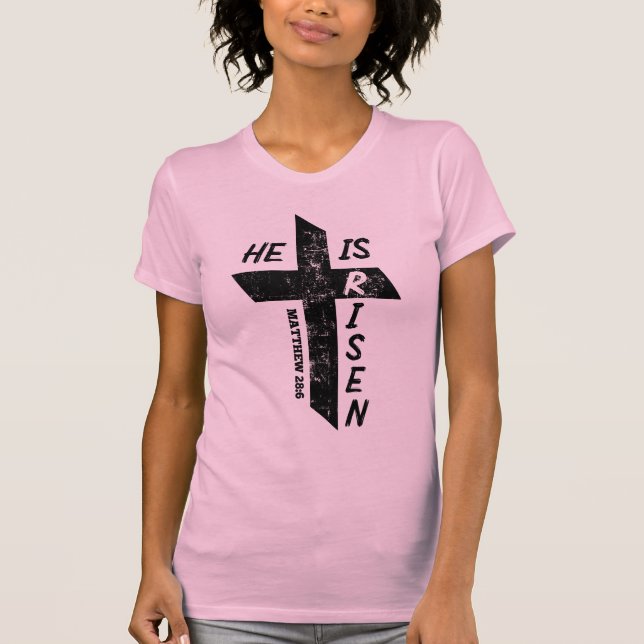 Camiseta Ele é Risen Páscoa Bíblia Verse Matthew 28 Cross (Frente)