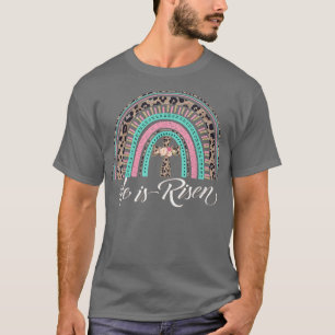 Camiseta Ele É Risen Páscoa Cristã Rainbow Leopardo Women