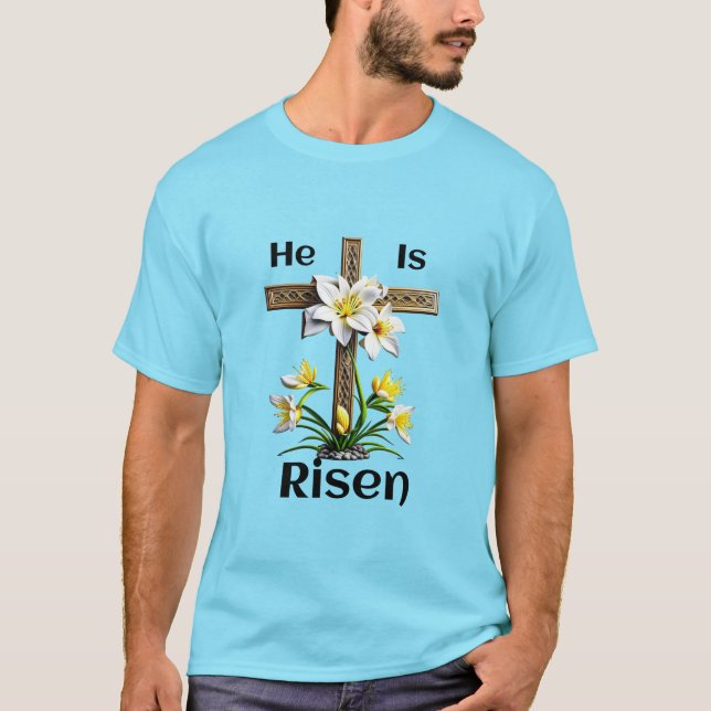Camiseta Ele é Risen Páscoa Cross Lily Christian (Frente)