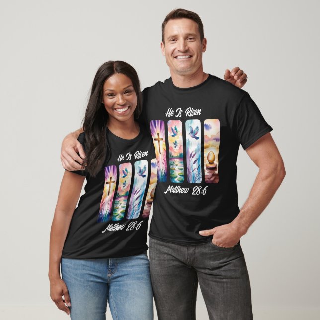 Camiseta Ele é Risen Páscoa Cruz preto (Unissex)