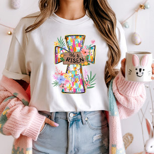 Camiseta Ele é Risen Páscoa Floral Cross Tee; Páscoa Boho