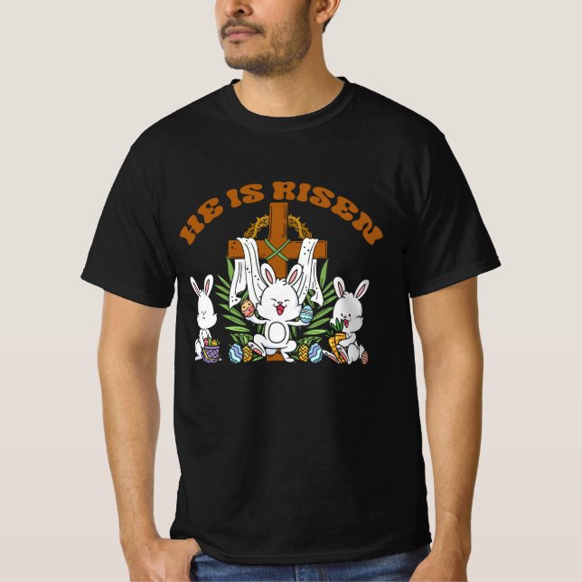 Camiseta Ele é Risen Trendy Christian Easter Bunny Sob Fa (Frente)