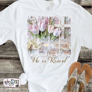 Camiseta Ele é Risen Tulip Cross Christian Vintage Mulheres