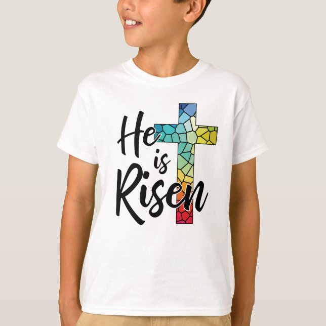 Camiseta Ele É Risen, Uma Cruz De Vidro Manchada - GraphicL (Frente)