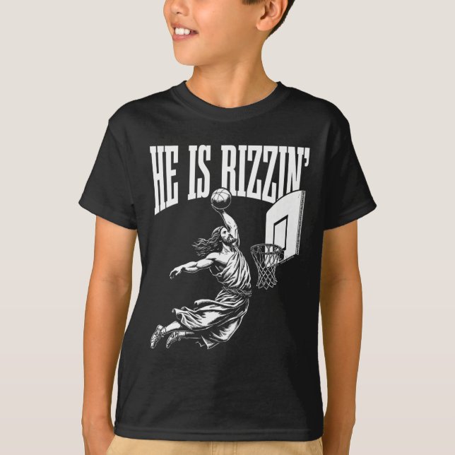 Camiseta Ele É Rizzin Divertido Jesus Memória de Basquete (Frente)