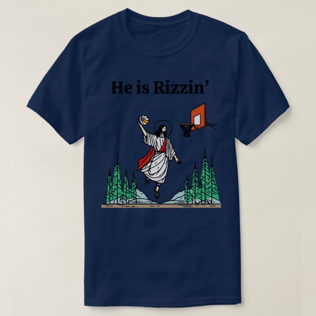 Camiseta Ele é Rizzin Funny Páscoa Jesus jogando basquete (Frente do Design)