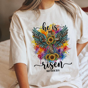Camiseta Ele Ressuscitou Cruz Com Girassóis Aquarela