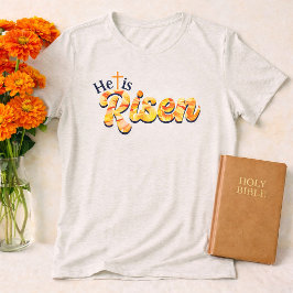 Camiseta Ele Ressuscitou Cruz Laranja Letreiro Floral Pásco