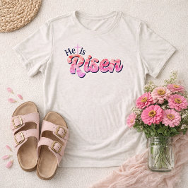 Camiseta Ele Ressuscitou Cruz Rosa Letreiro Floral Páscoa 