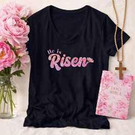 Camiseta Ele Ressuscitou Rosa Floral Letreiro Easter