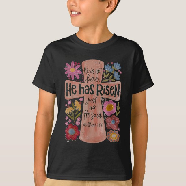 Camiseta Ele Risen Christian Páscoa Boho Floral (Frente)