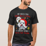 Camiseta Ele vê quando você está comendo lanches de Natal<br><div class="desc">Ele vê quando você está comendo snacks Xmas Proprietário maltês Família 1</div>