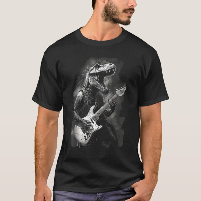Camiseta Electric Guitar Rock T Rex Dinosaur Men Kids Music (Frente)