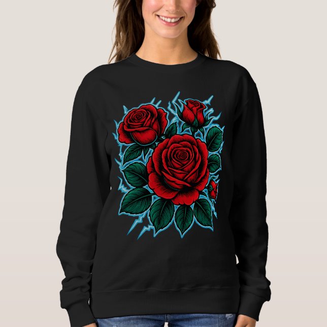 Camiseta Electric Roses | Red Rose & Lightning Bolt Graphic (Frente)