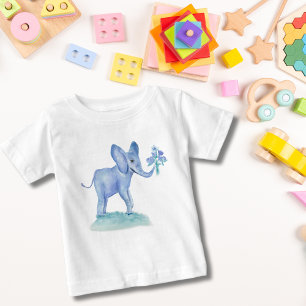 Camiseta Elefante Azul Aquarela Com Flores