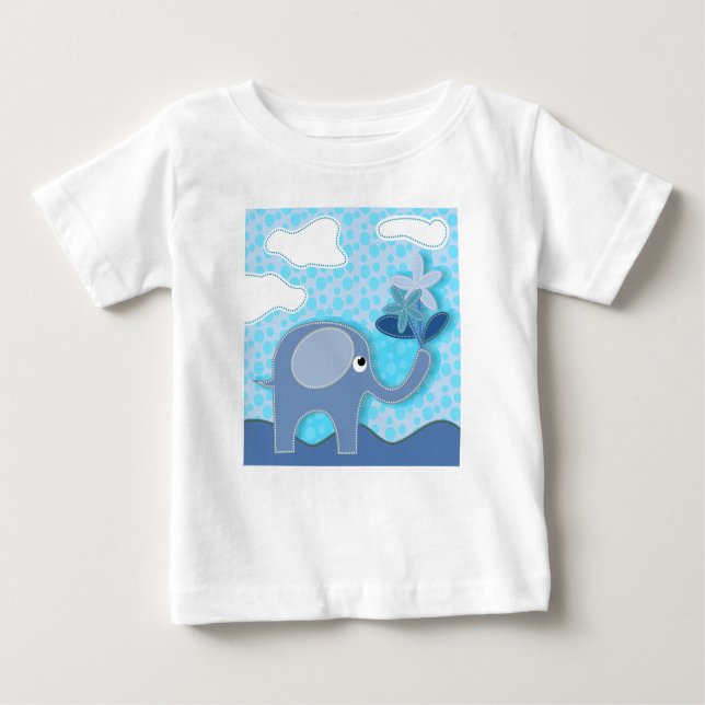 Camiseta Elefante Azul Bebê e Flores (Frente)