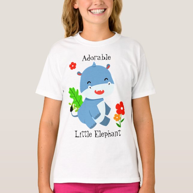 Camiseta Elefante Azul Cute Com Flores Vermelhas (Frente)