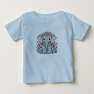 Camiseta Elefante-Bebê bonito com flores rosa