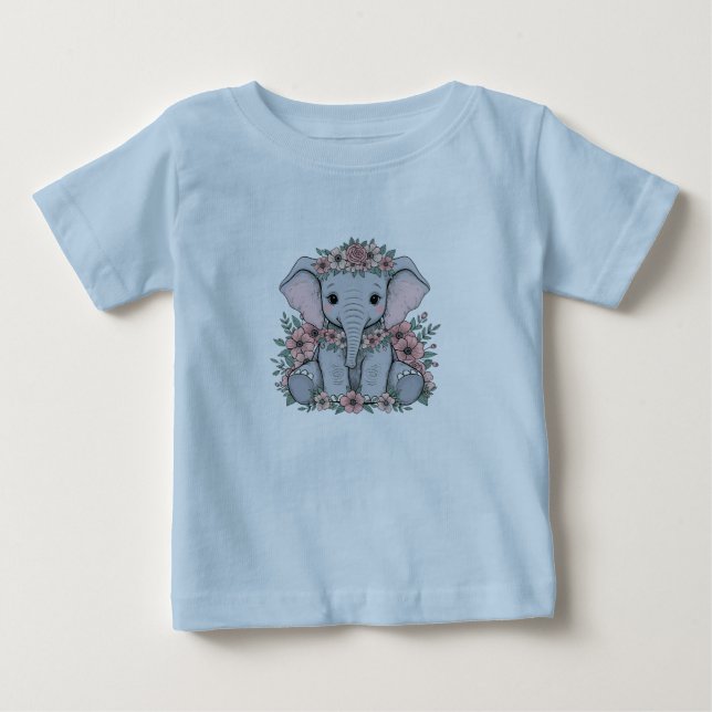 Camiseta Elefante-Bebê bonito com flores rosa (Frente)