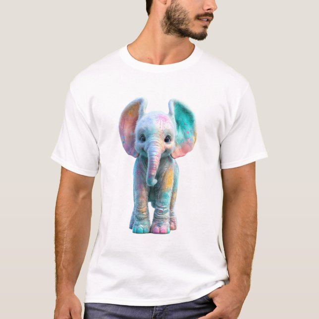Camiseta Elefante Bebê com Salpicos de Tinta Colorida para  (Frente)