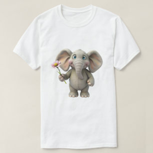 Camiseta Elefante Bebê em Cartoon 3D Segurando Flor Rosa