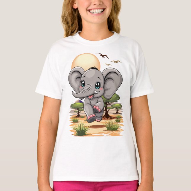Camiseta Elefante Bebê Pulando Feliz em Savana Africana (Frente)