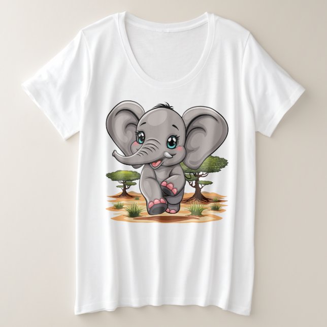 Camiseta Elefante Bebê Pulando Feliz em Savana Africana (Frente do Design)