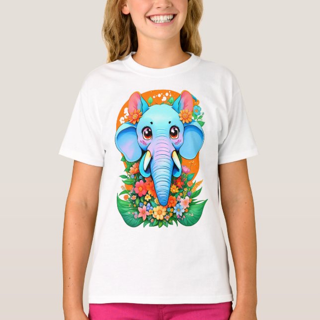 Camiseta Elefante Bonito com Flores (Frente)