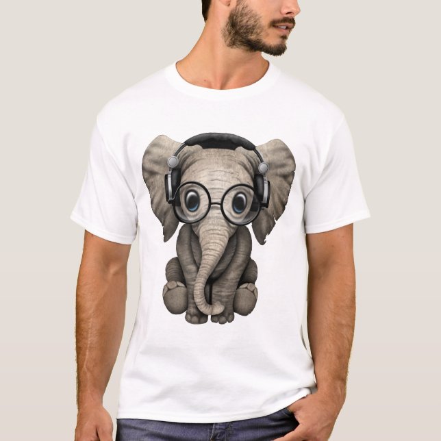 Camiseta Elefante bonito DJ do bebê que veste fones de (Frente)