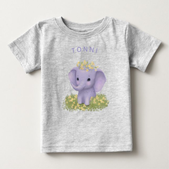 Camiseta elefante bonito e alegre com flores silvestres (Frente)